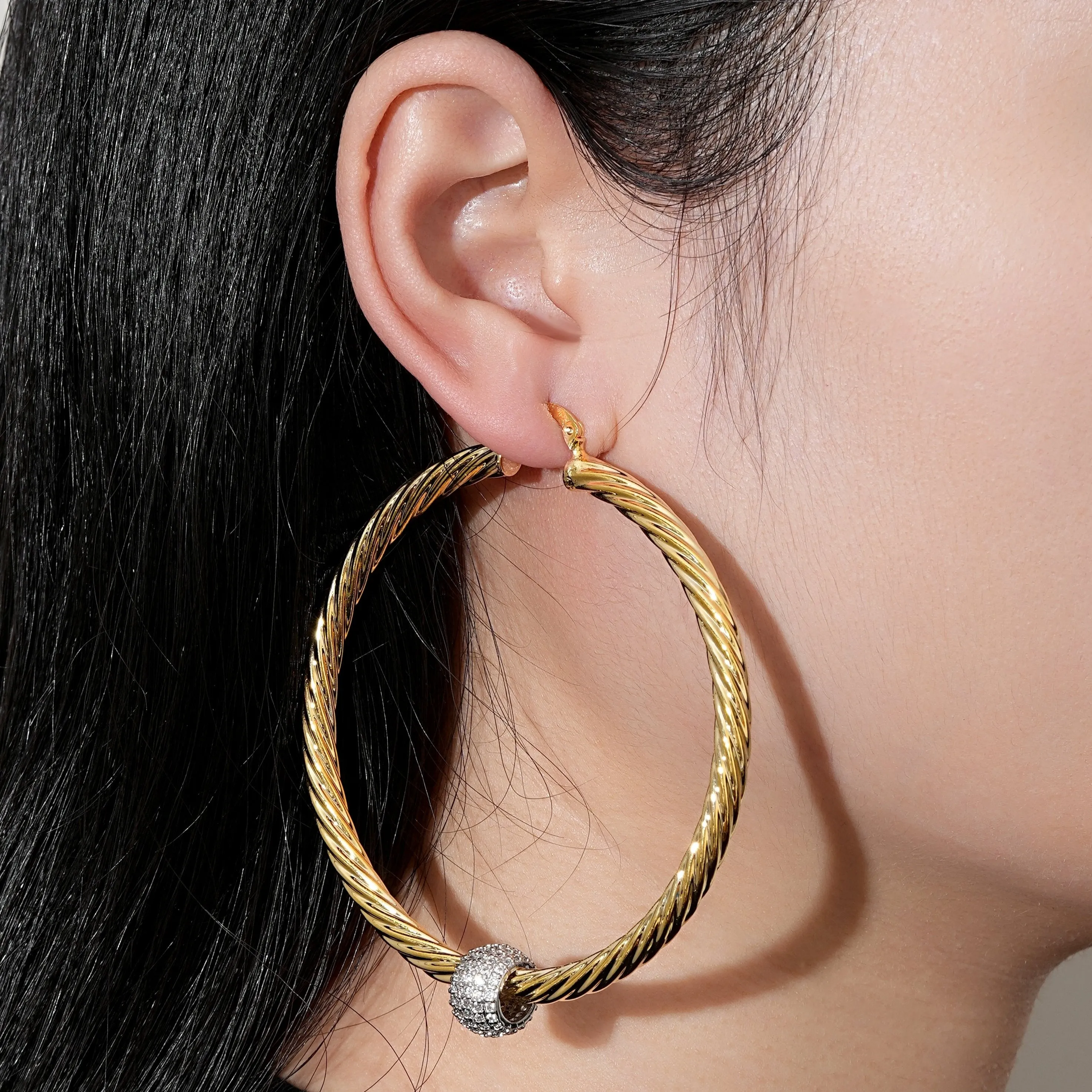 68mm Gold Filled Bonded Twist Hoop Earrings with Disco Ball