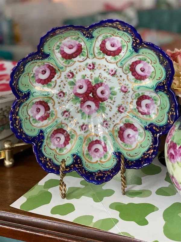 Antique Nippon Handpainted Bowl, Pink, Green, Navy, Gold Floral Scalloped Edge