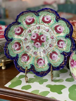 Antique Nippon Handpainted Bowl, Pink, Green, Navy, Gold Floral Scalloped Edge