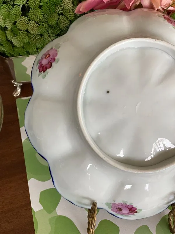 Antique Nippon Handpainted Bowl, Pink, Green, Navy, Gold Floral Scalloped Edge