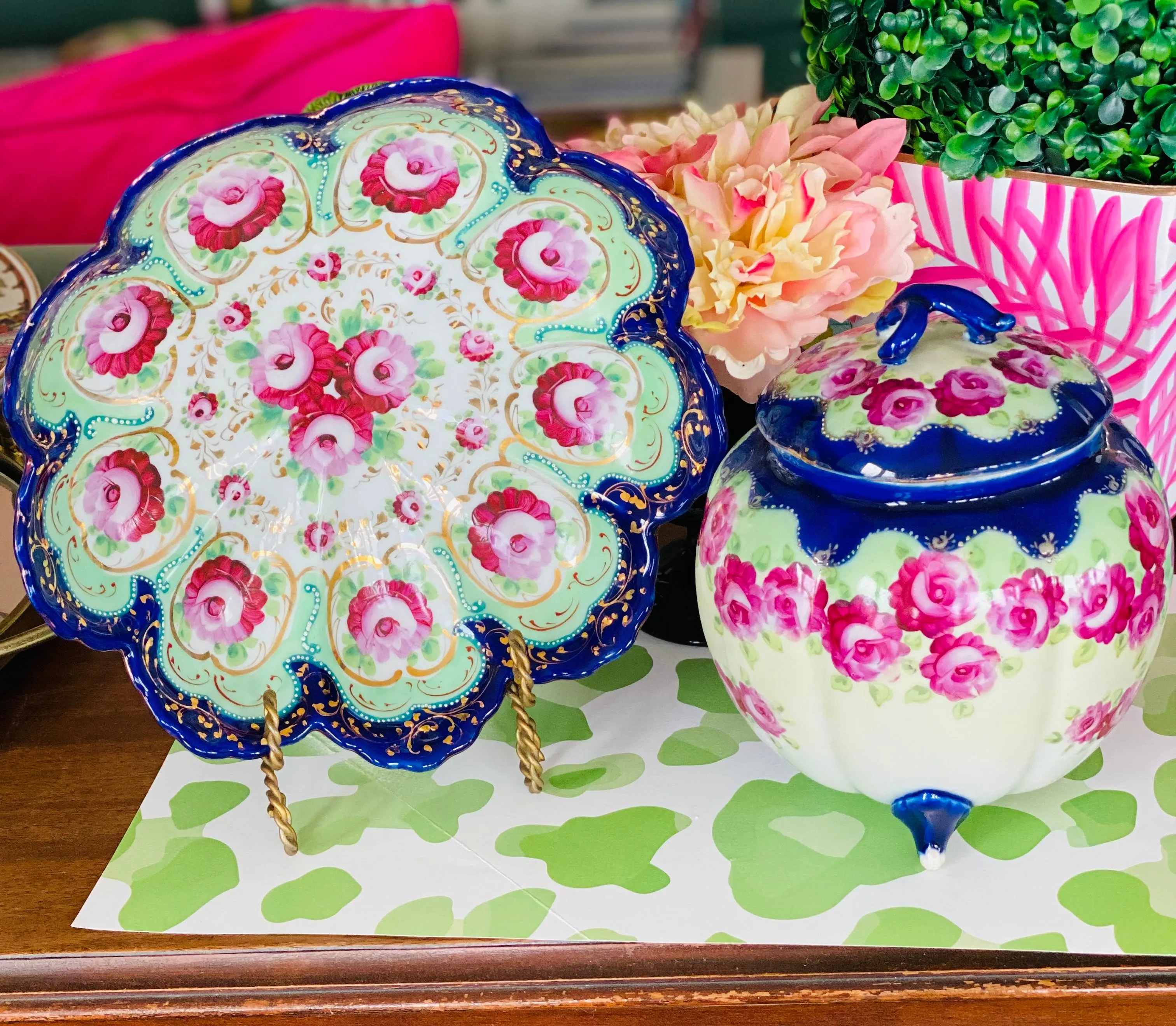 Antique Nippon Handpainted Bowl, Pink, Green, Navy, Gold Floral Scalloped Edge
