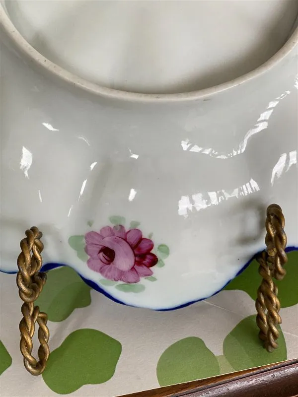 Antique Nippon Handpainted Bowl, Pink, Green, Navy, Gold Floral Scalloped Edge