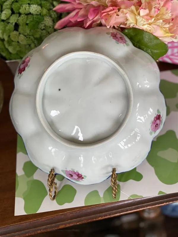 Antique Nippon Handpainted Bowl, Pink, Green, Navy, Gold Floral Scalloped Edge