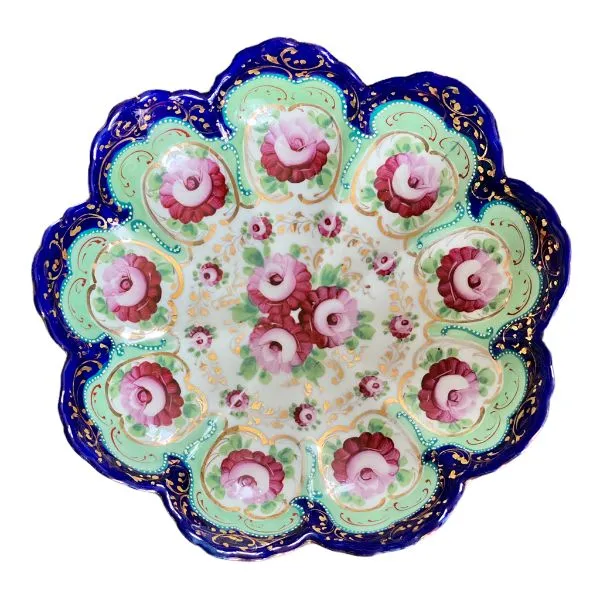 Antique Nippon Handpainted Bowl, Pink, Green, Navy, Gold Floral Scalloped Edge