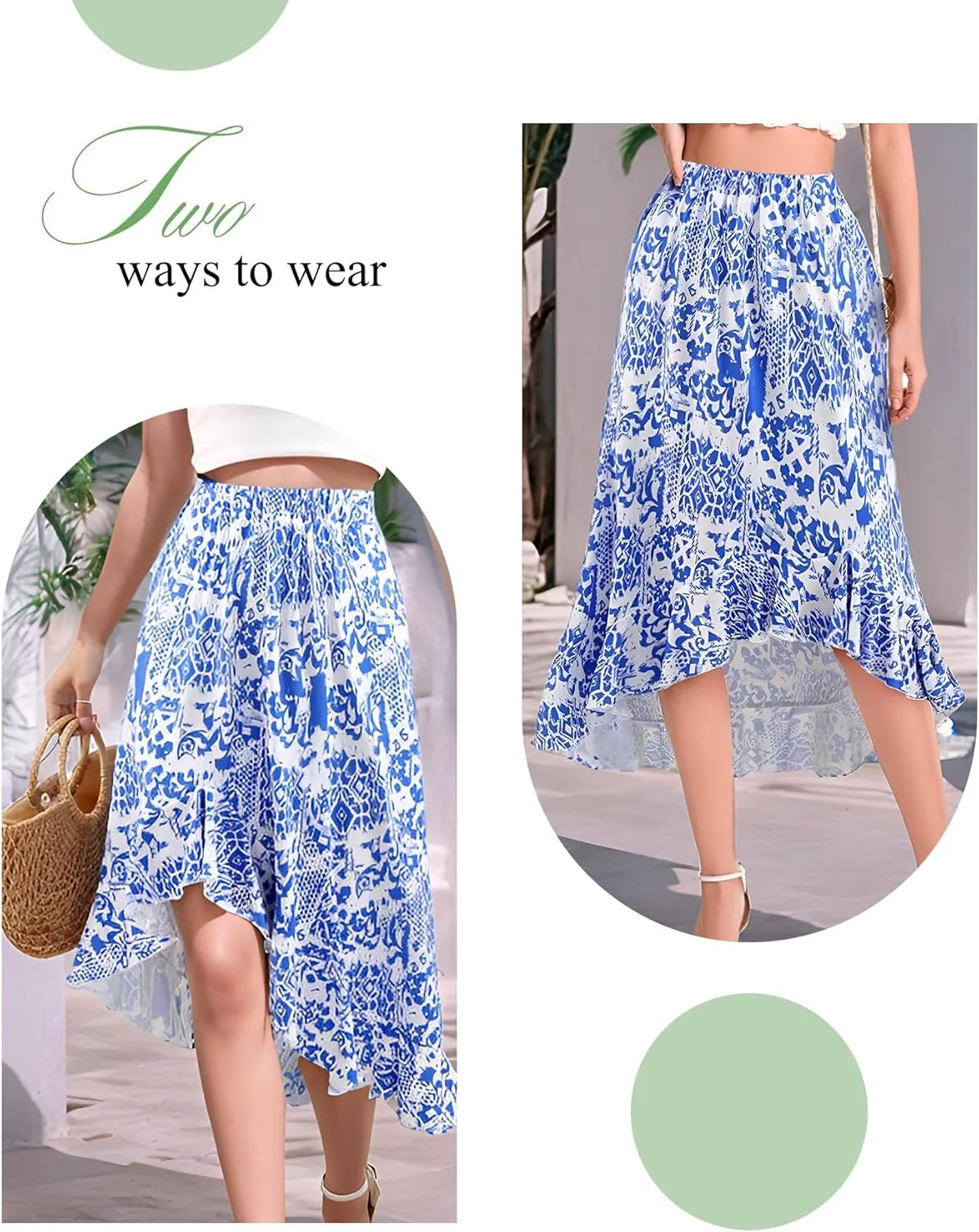 Aupuls Summer High Low Boho Skirts for Women Floral Beach Vacation Midi Skirt Casual