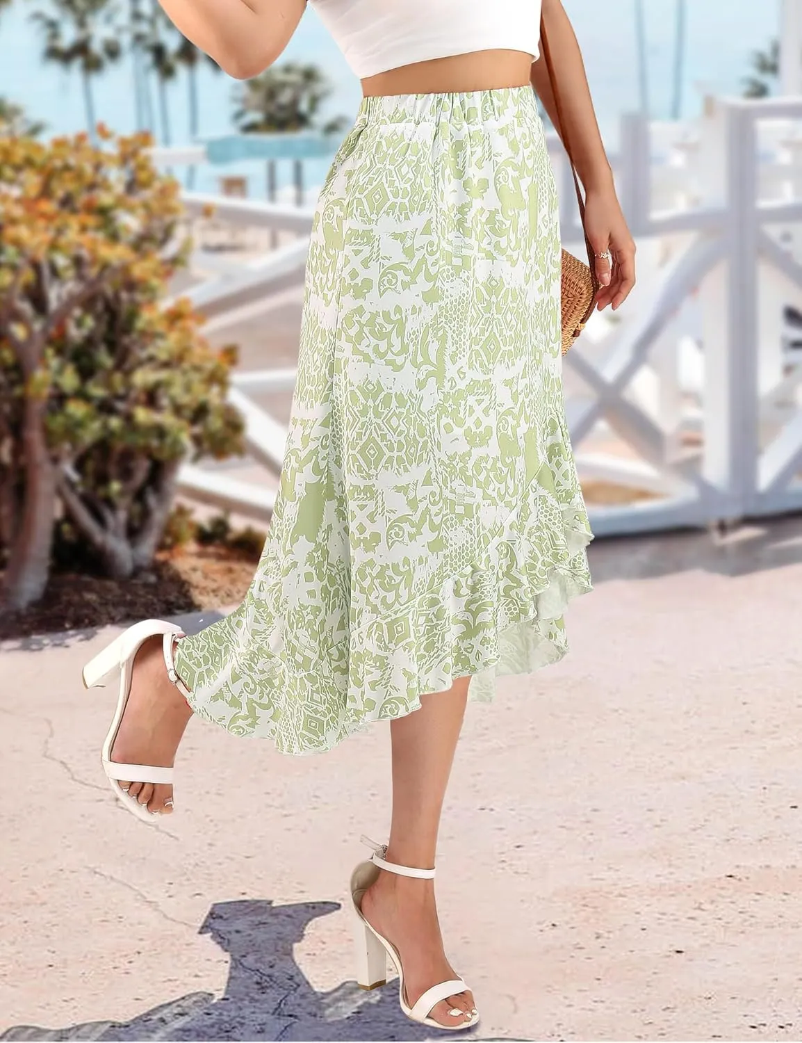 Aupuls Summer High Low Boho Skirts for Women Floral Beach Vacation Midi Skirt Casual