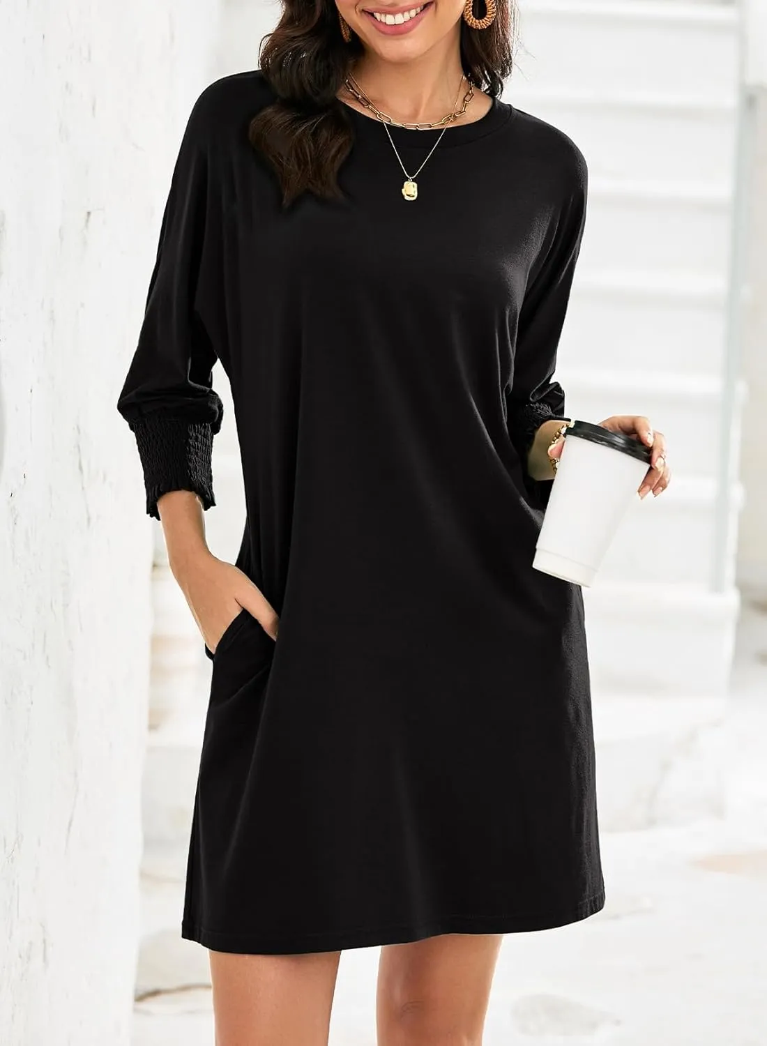 Dokotoo Womens Dresses 2025 Spring 3/4 Sleeve Fashion Dresses Crewneck Casual Mini Dress with Pockets S-XL