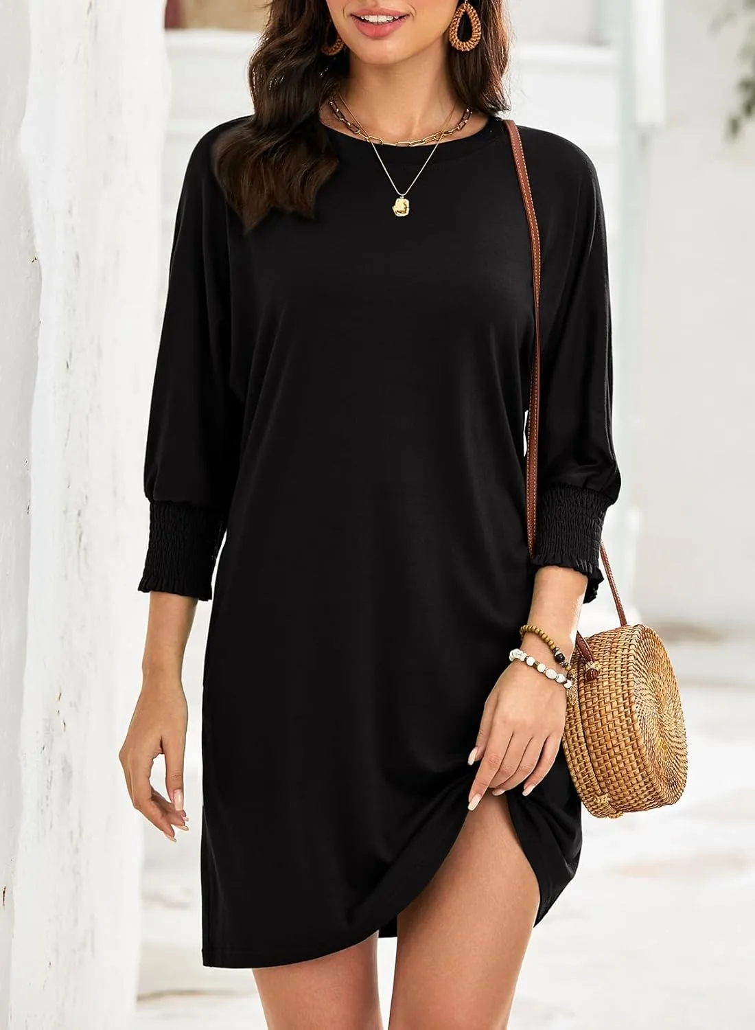 Dokotoo Womens Dresses 2025 Spring 3/4 Sleeve Fashion Dresses Crewneck Casual Mini Dress with Pockets S-XL