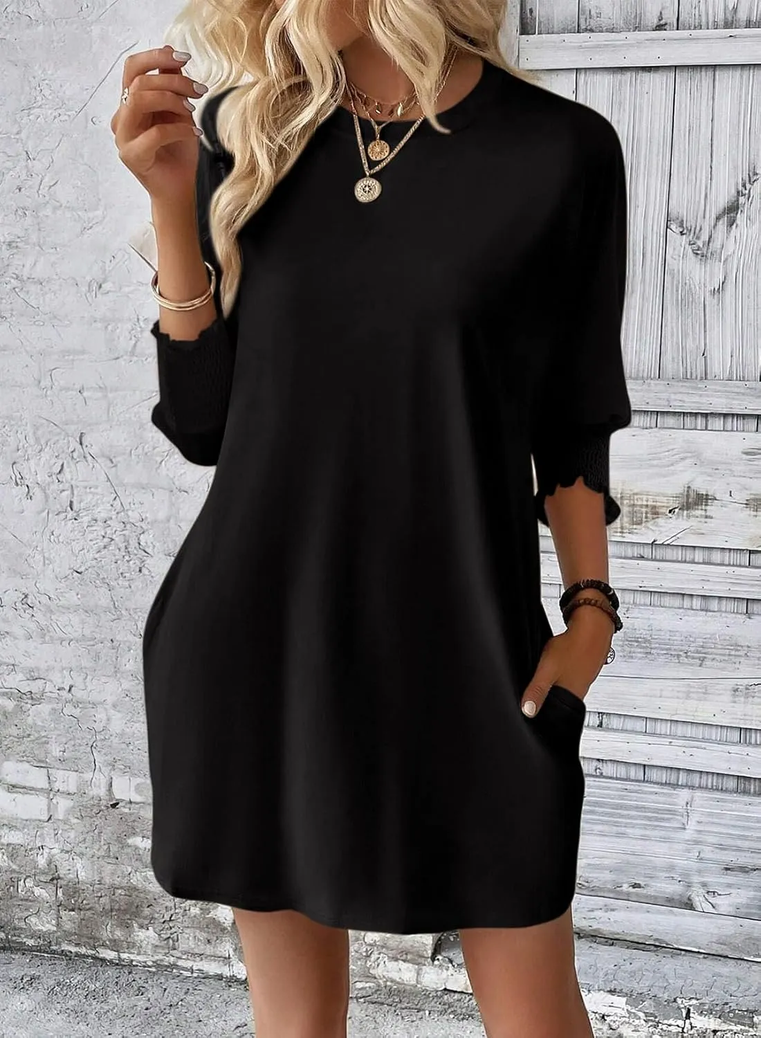 Dokotoo Womens Dresses 2025 Spring 3/4 Sleeve Fashion Dresses Crewneck Casual Mini Dress with Pockets S-XL