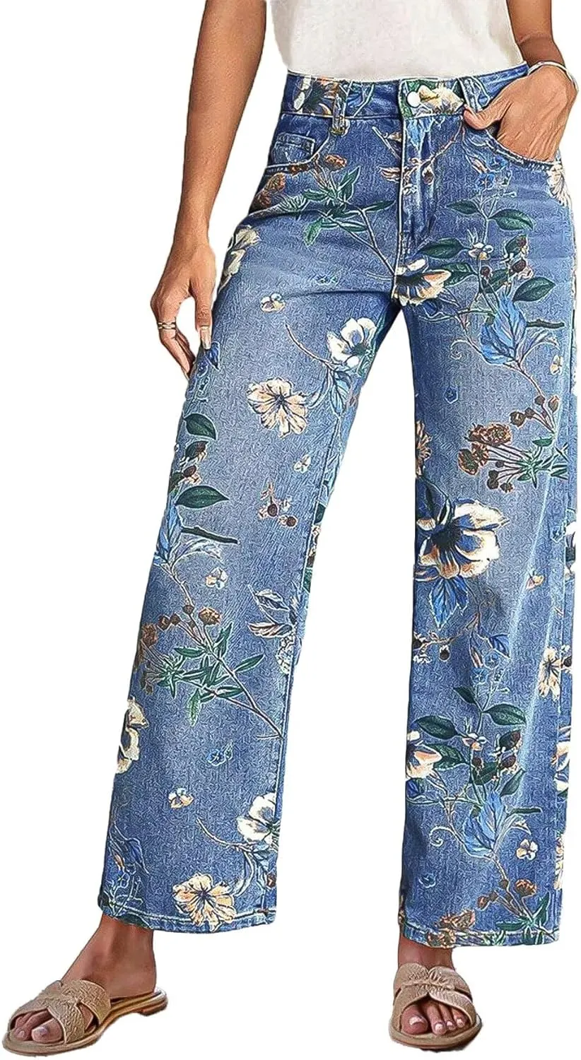 Flamingals High-Rise Vintage Floral Straight Leg Pants for Women Summer Casual Denim Pants