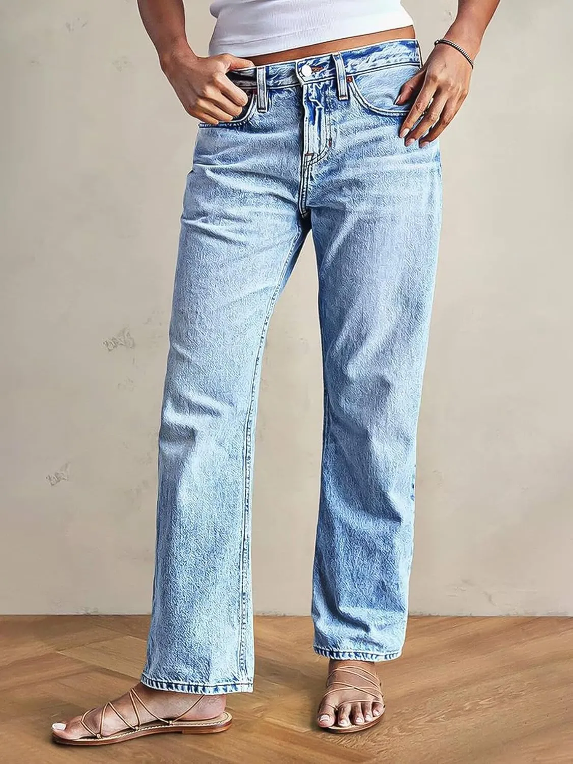 Flamingals Womens Mid Waist Wash Stretchy Straight Leg Jeans Stylish Hem Design Casual Long Denim Pants