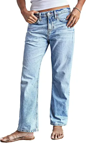 Flamingals Womens Mid Waist Wash Stretchy Straight Leg Jeans Stylish Hem Design Casual Long Denim Pants