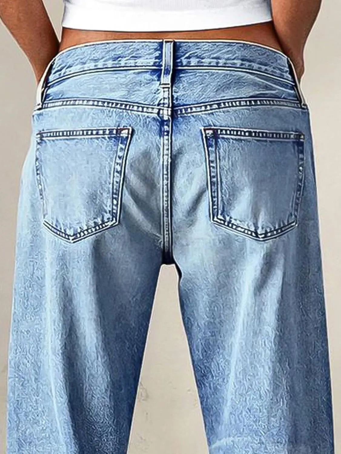 Flamingals Womens Mid Waist Wash Stretchy Straight Leg Jeans Stylish Hem Design Casual Long Denim Pants