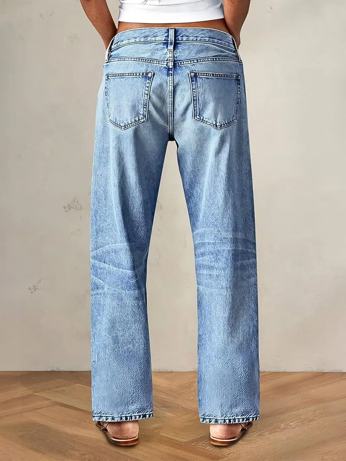 Flamingals Womens Mid Waist Wash Stretchy Straight Leg Jeans Stylish Hem Design Casual Long Denim Pants