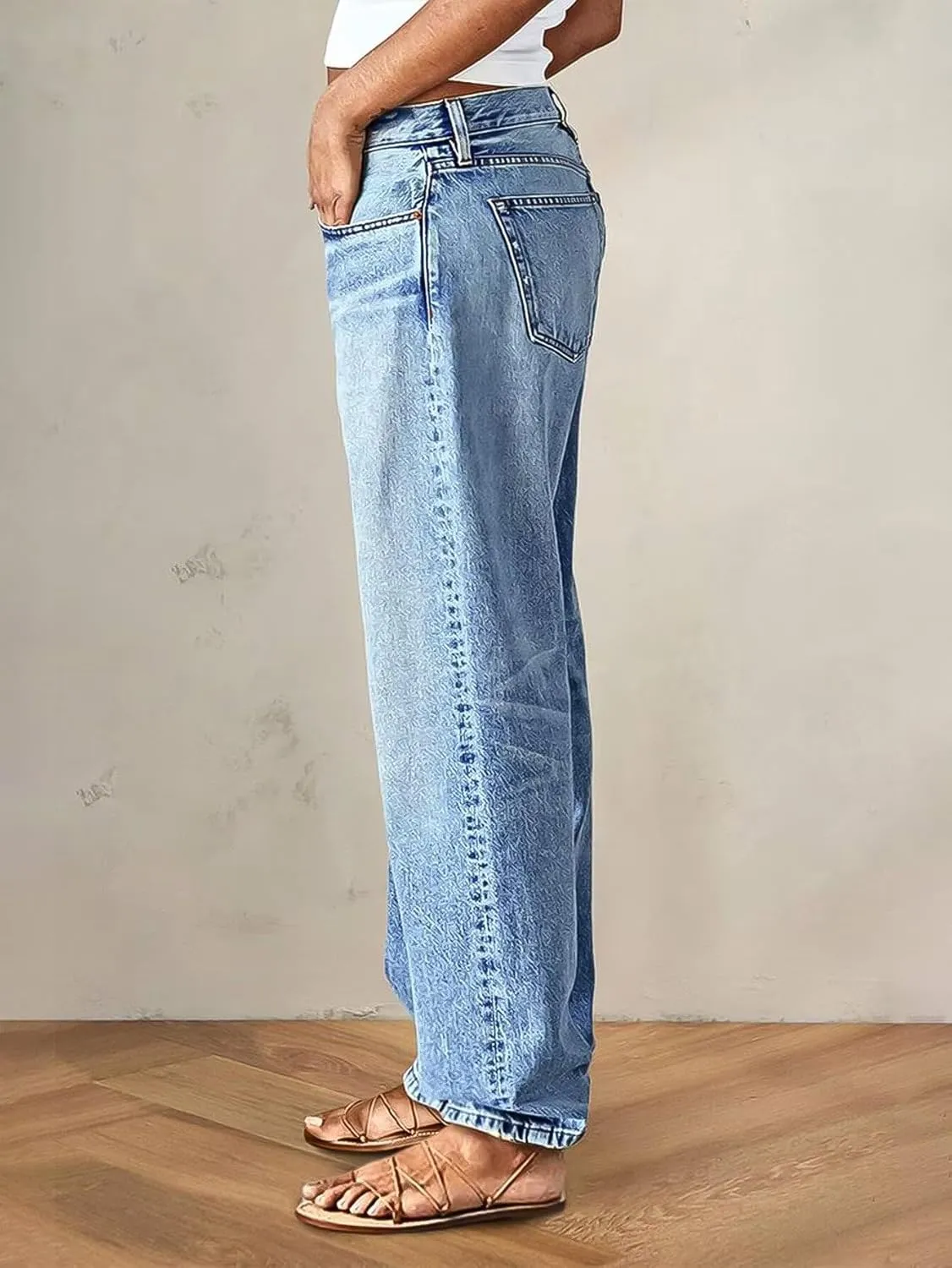 Flamingals Womens Mid Waist Wash Stretchy Straight Leg Jeans Stylish Hem Design Casual Long Denim Pants