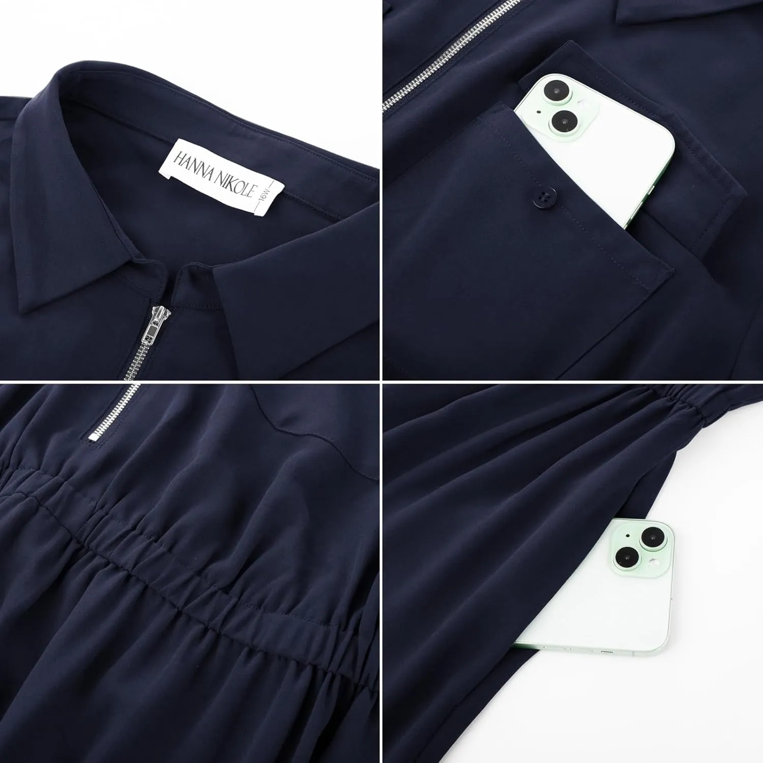 Hanna Nikole Plus Size Women Casual Midi Dress with Pockets Lapel V Neck Shirt Dress A Line Short Sleeve Dresses Tunic Dress