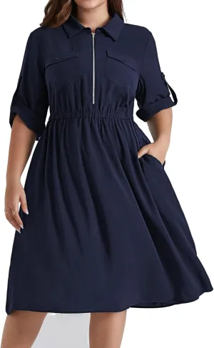 Hanna Nikole Plus Size Women Casual Midi Dress with Pockets Lapel V Neck Shirt Dress A Line Short Sleeve Dresses Tunic Dress