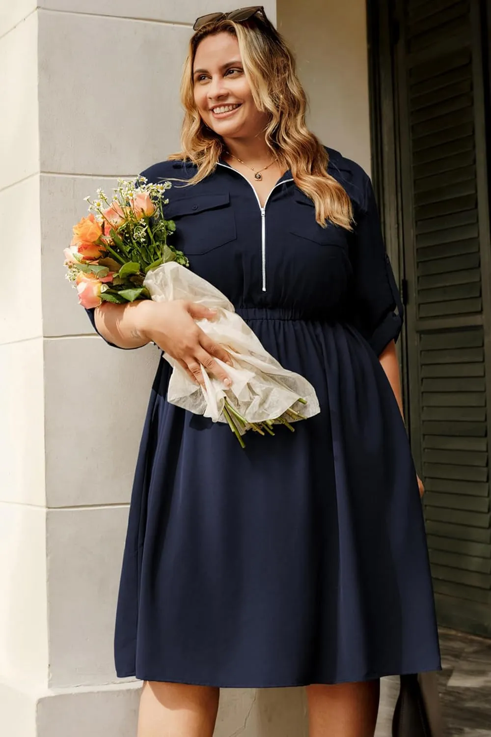 Hanna Nikole Plus Size Women Casual Midi Dress with Pockets Lapel V Neck Shirt Dress A Line Short Sleeve Dresses Tunic Dress