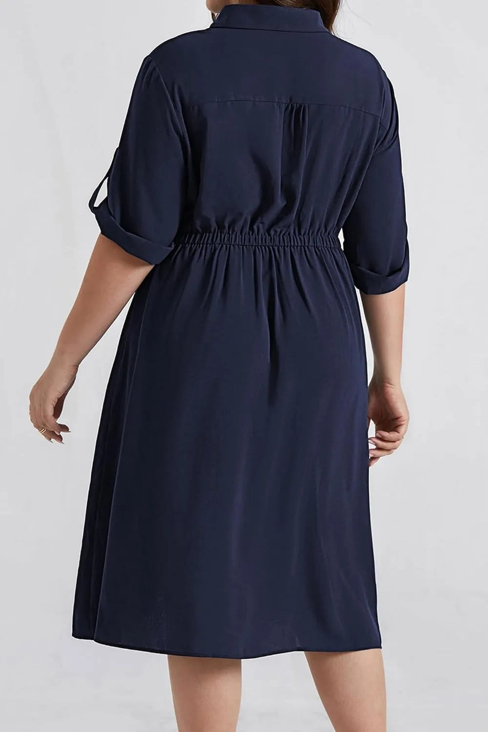 Hanna Nikole Plus Size Women Casual Midi Dress with Pockets Lapel V Neck Shirt Dress A Line Short Sleeve Dresses Tunic Dress