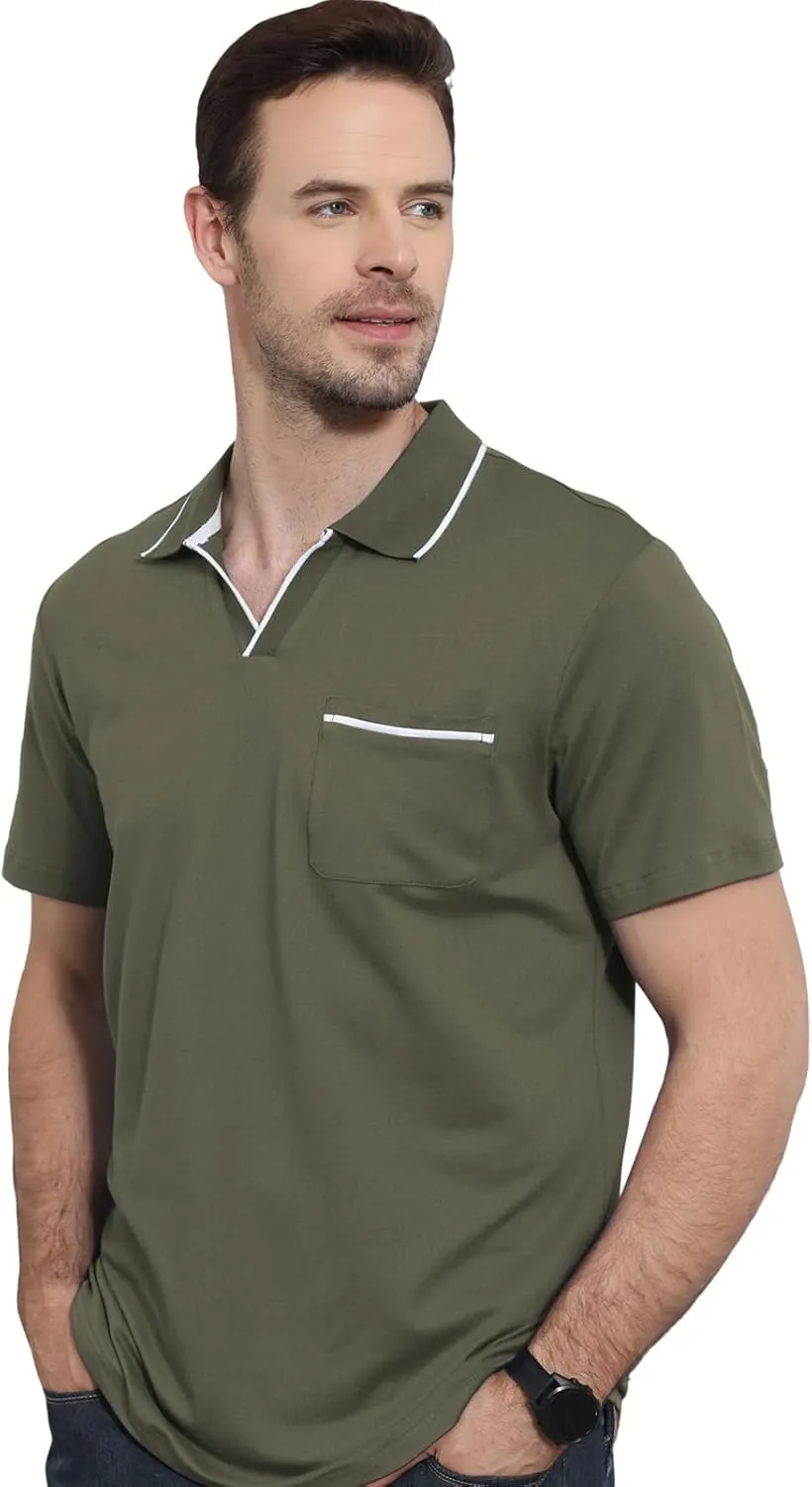Men's Polo Shirt Short Sleeve V Neck Casual Classic Lightweight Tees Golf Cotton Stylish T-Shirt with Pocket