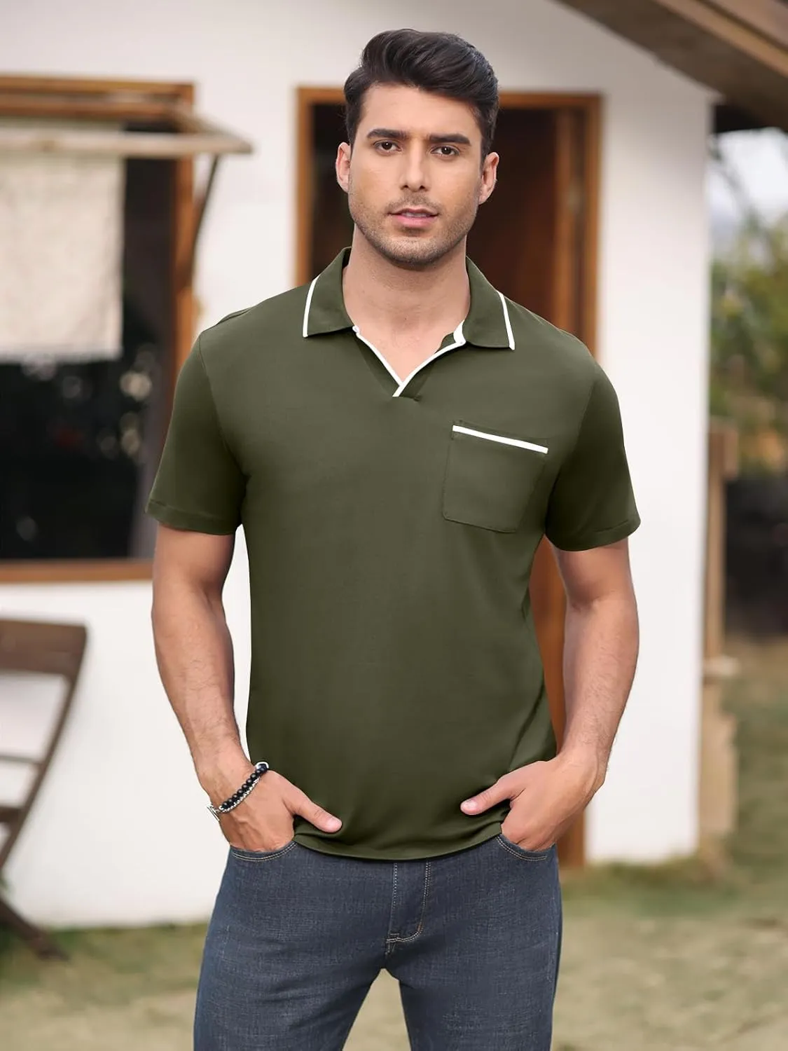 Men's Polo Shirt Short Sleeve V Neck Casual Classic Lightweight Tees Golf Cotton Stylish T-Shirt with Pocket