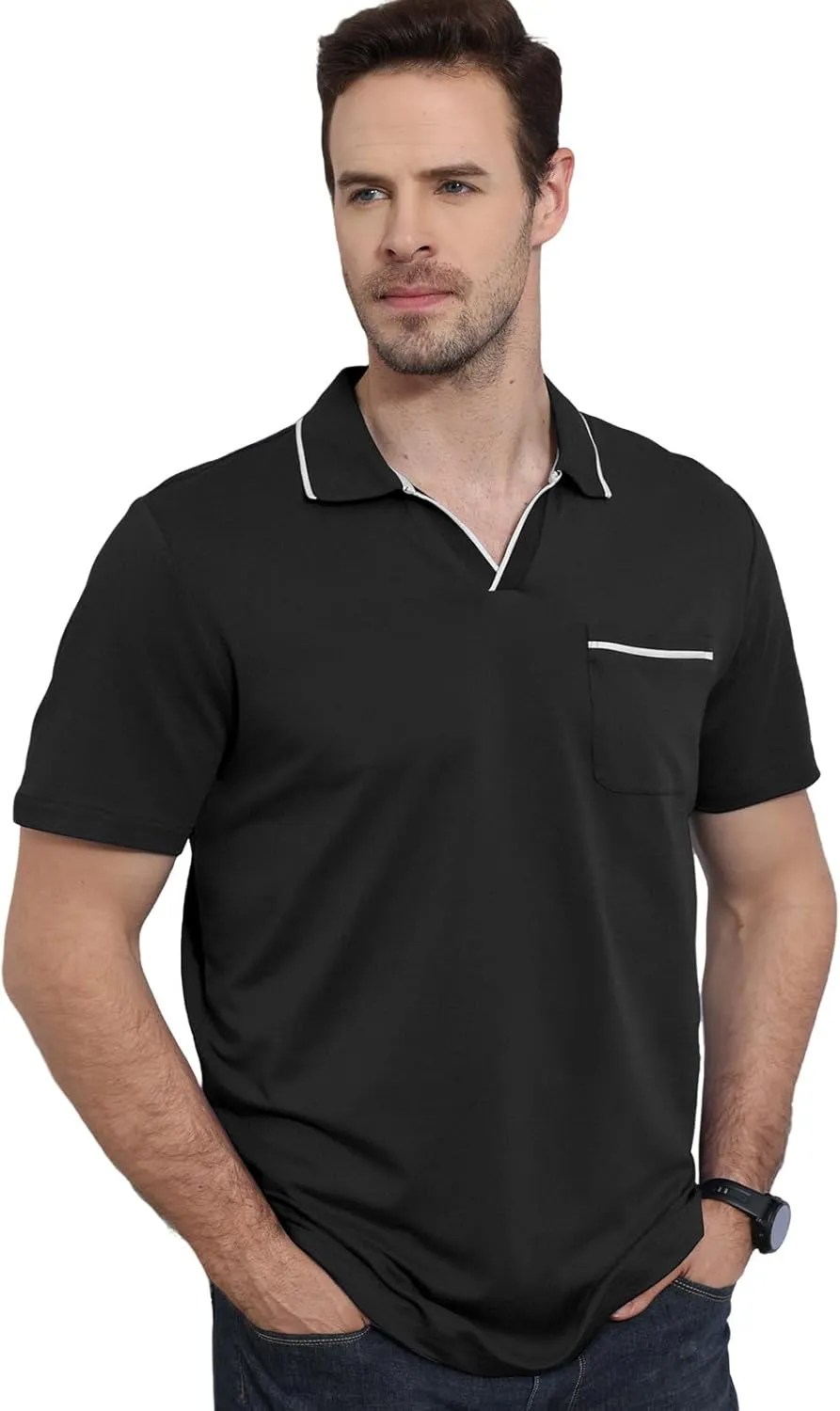 Men's Polo Shirt Short Sleeve V Neck Casual Classic Lightweight Tees Golf Cotton Stylish T-Shirt with Pocket