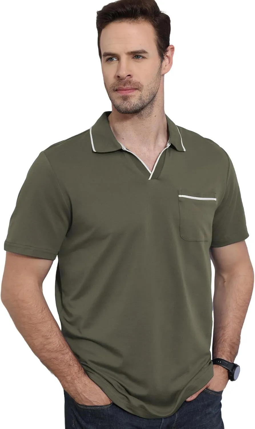 Men's Polo Shirt Short Sleeve V Neck Casual Classic Lightweight Tees Golf Cotton Stylish T-Shirt with Pocket