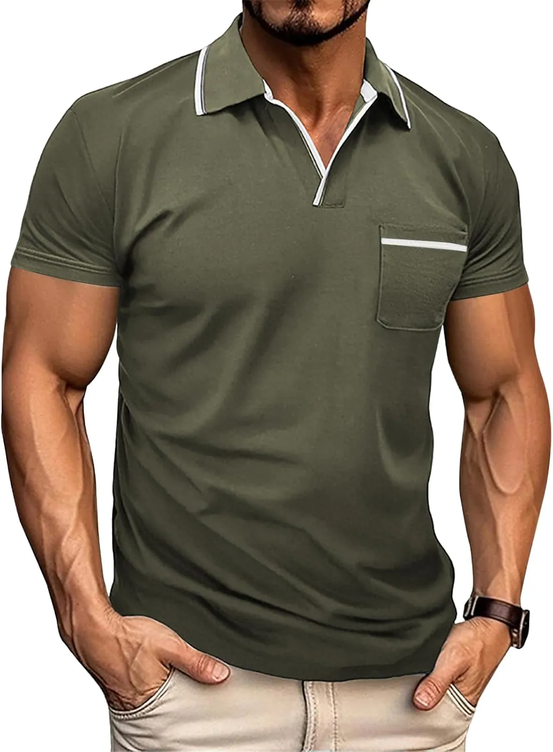Men's Polo Shirt Short Sleeve V Neck Casual Classic Lightweight Tees Golf Cotton Stylish T-Shirt with Pocket