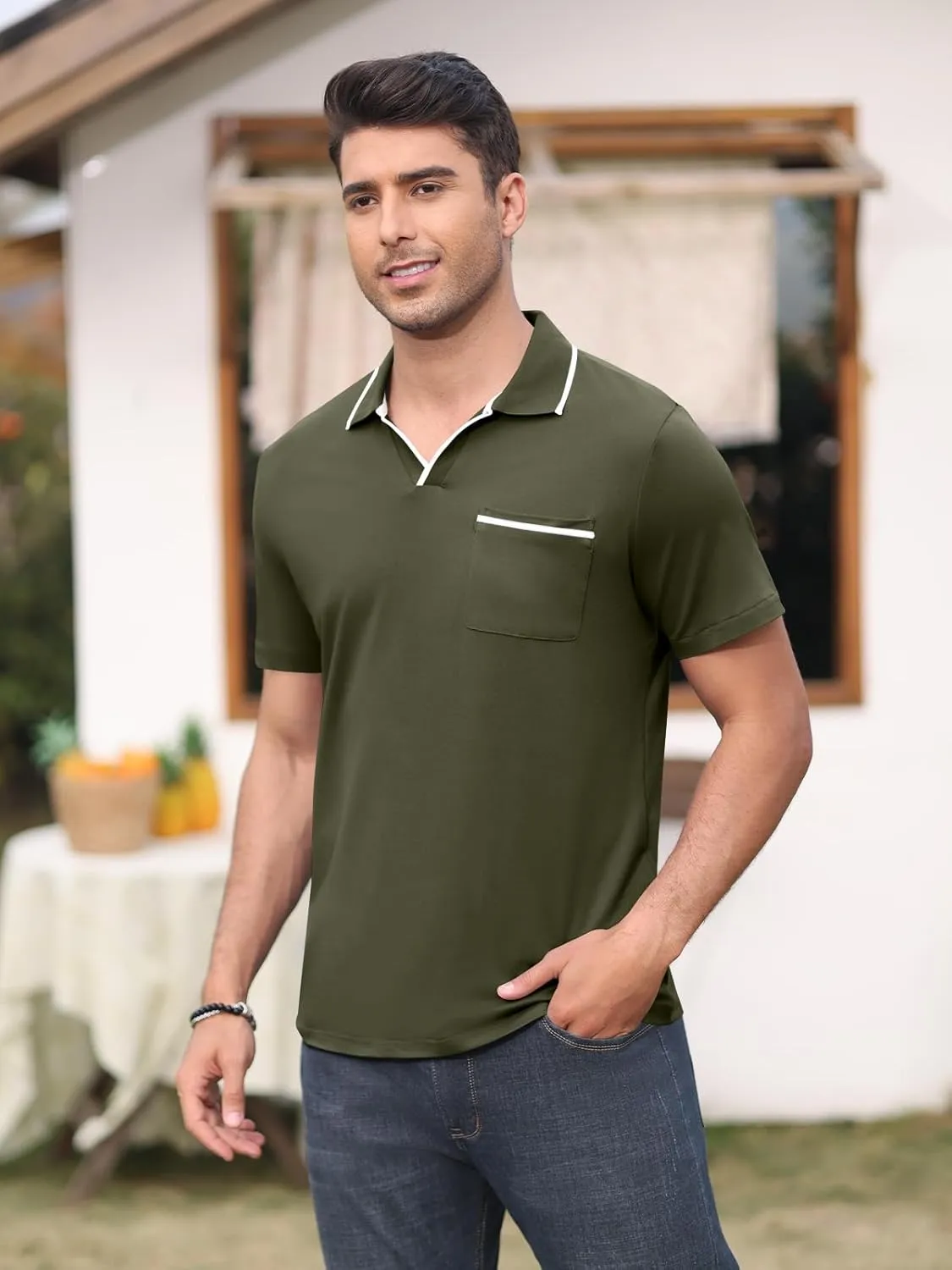 Men's Polo Shirt Short Sleeve V Neck Casual Classic Lightweight Tees Golf Cotton Stylish T-Shirt with Pocket