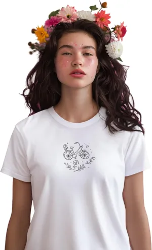 Minimalist Bicycle T-Shirt Cute Line Art Bike Floral Design Aesthetic Cycling Tee