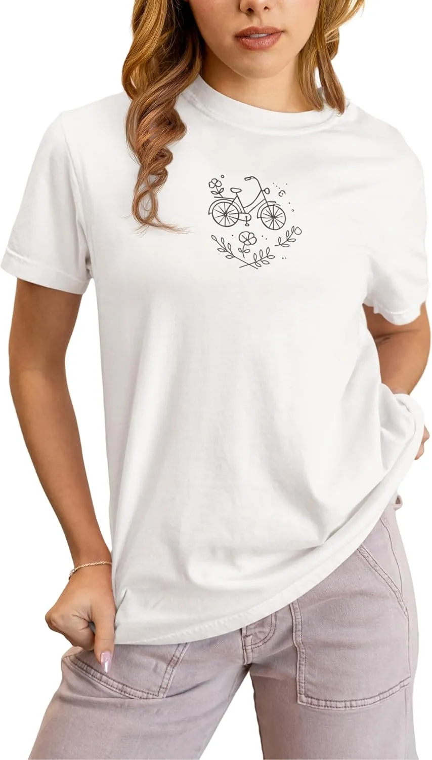 Minimalist Bicycle T-Shirt Cute Line Art Bike Floral Design Aesthetic Cycling Tee