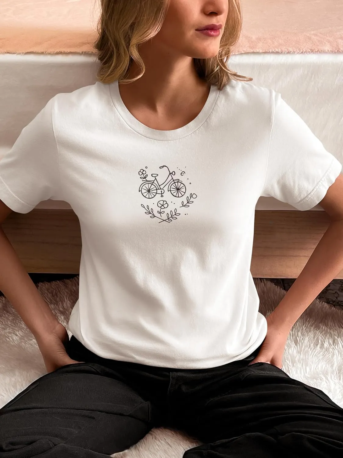 Minimalist Bicycle T-Shirt Cute Line Art Bike Floral Design Aesthetic Cycling Tee