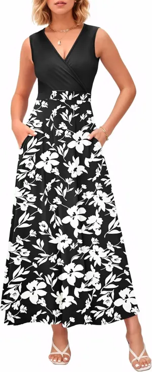 MISFAY Women Maxi Dress 2025 Summer Casual Sleeveless Sundress Wrap V Neck Long Dresses Vacation Loose Dress with Pockets