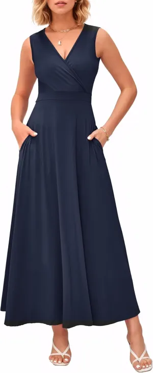 MISFAY Women Maxi Dress 2025 Summer Casual Sleeveless Sundress Wrap V Neck Long Dresses Vacation Loose Dress with Pockets
