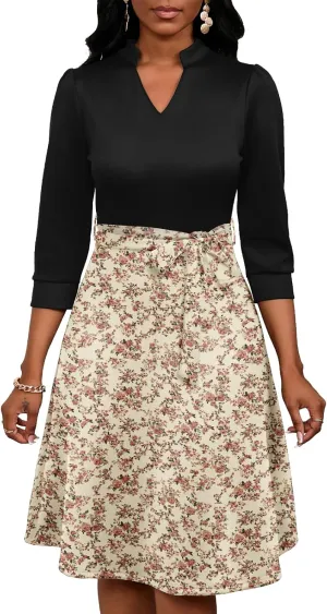 PerZeal Women's Casual Flowy A-Line Midi Dress Flared V-Neck Colorblock Print for Wedding Guest 3/4 Sleeve Dress with Belt