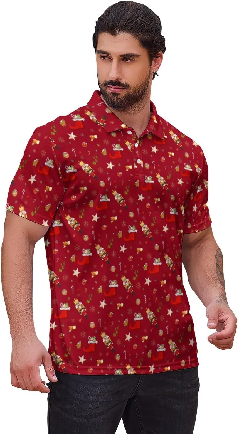 Polo Shirts for Men Moisture Wicking Fun Printed Short Sleeve Performance Mens Golf Shirts Quick Dry
