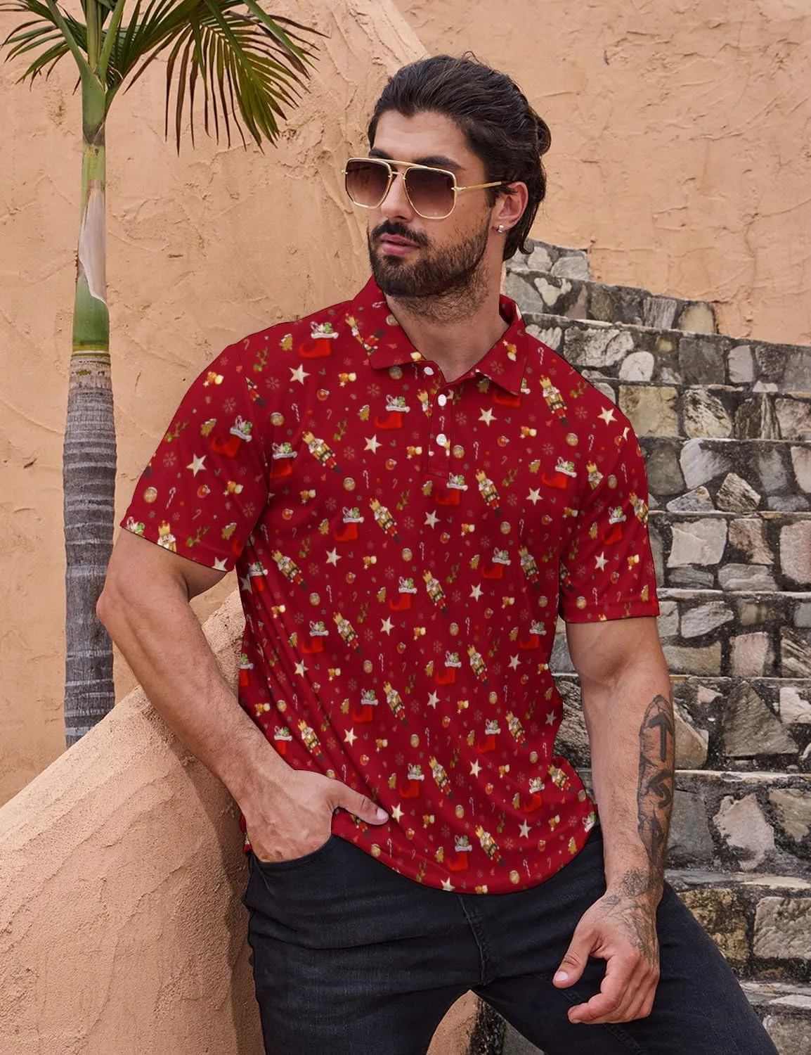 Polo Shirts for Men Moisture Wicking Fun Printed Short Sleeve Performance Mens Golf Shirts Quick Dry