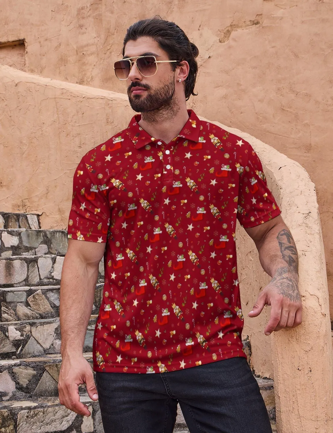 Polo Shirts for Men Moisture Wicking Fun Printed Short Sleeve Performance Mens Golf Shirts Quick Dry