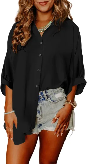 Sidefeel Womens Summer Oversized 3/4 Sleeve Button Down Shirts Side Slit Dressy Casual Blouses Loose Fit Tunic Tops
