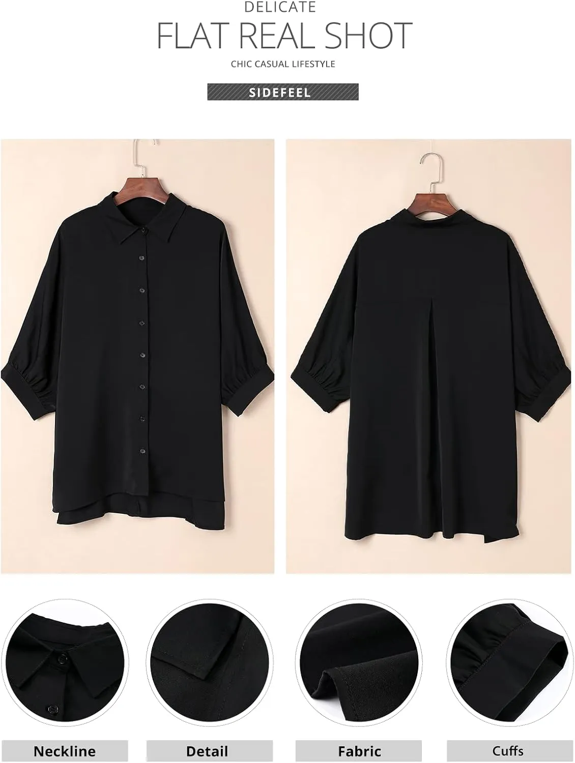 Sidefeel Womens Summer Oversized 3/4 Sleeve Button Down Shirts Side Slit Dressy Casual Blouses Loose Fit Tunic Tops