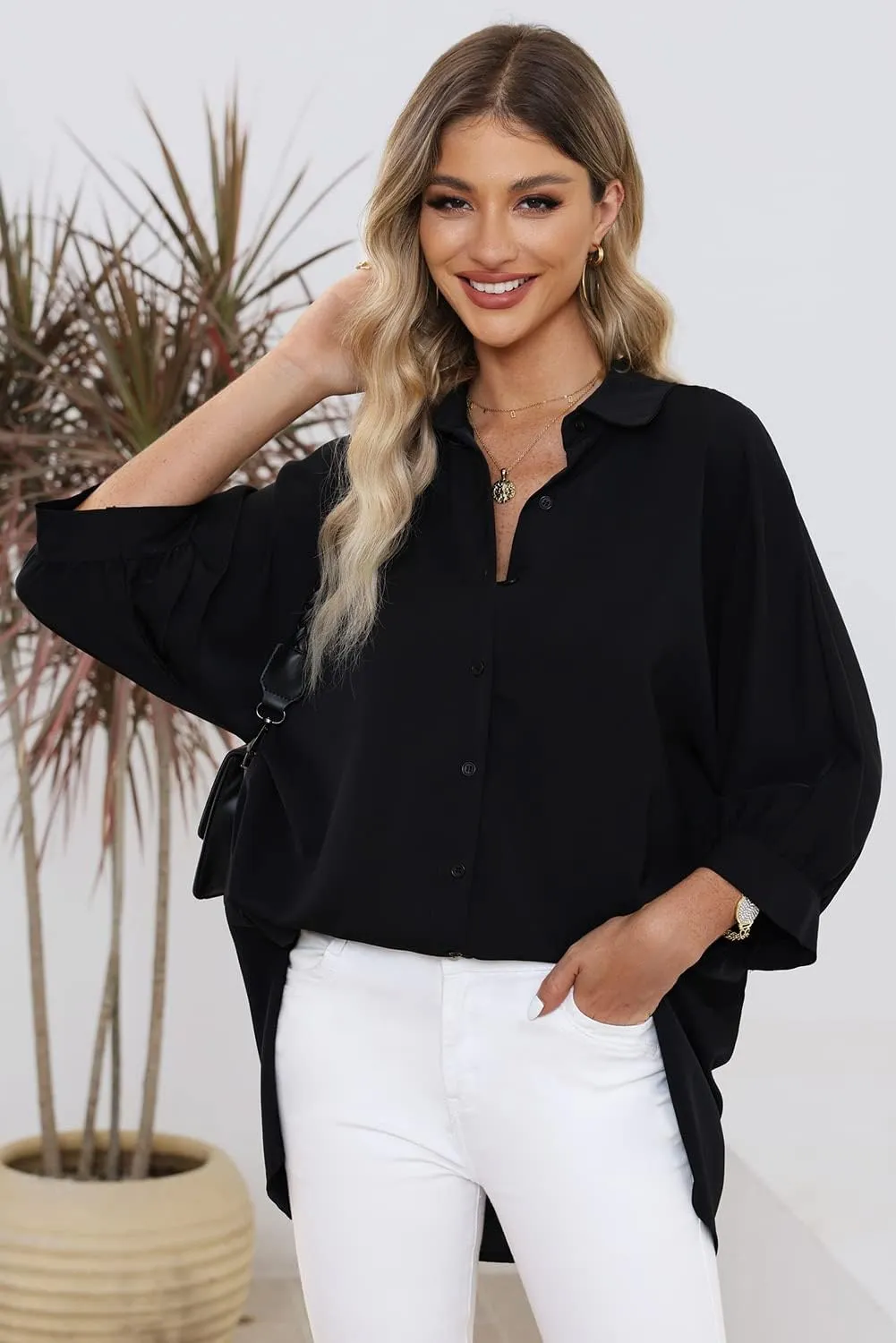 Sidefeel Womens Summer Oversized 3/4 Sleeve Button Down Shirts Side Slit Dressy Casual Blouses Loose Fit Tunic Tops