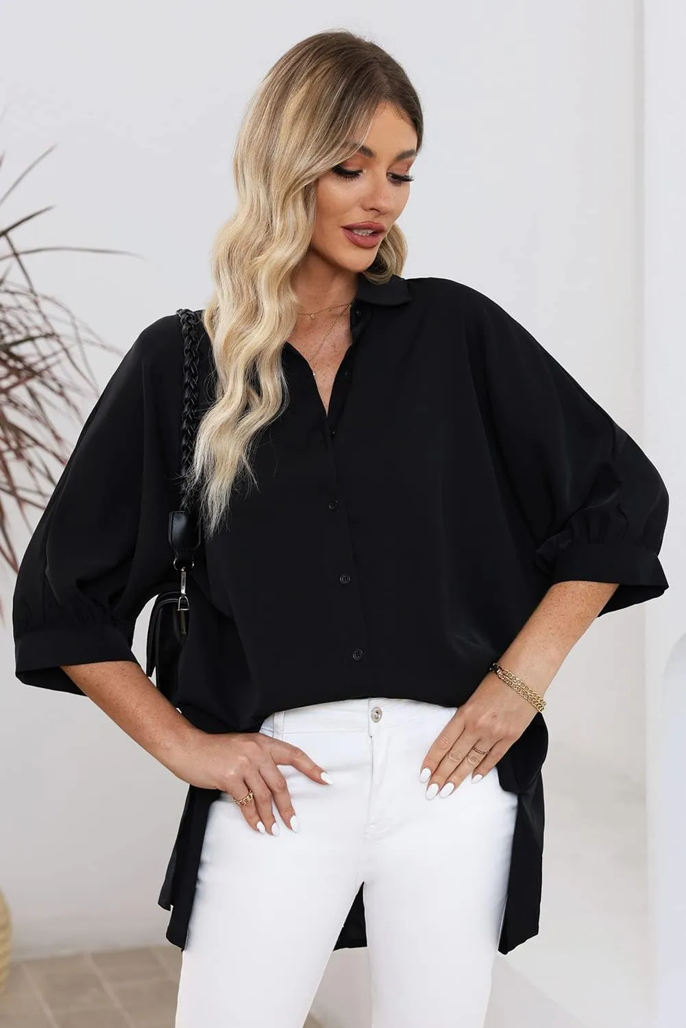 Sidefeel Womens Summer Oversized 3/4 Sleeve Button Down Shirts Side Slit Dressy Casual Blouses Loose Fit Tunic Tops