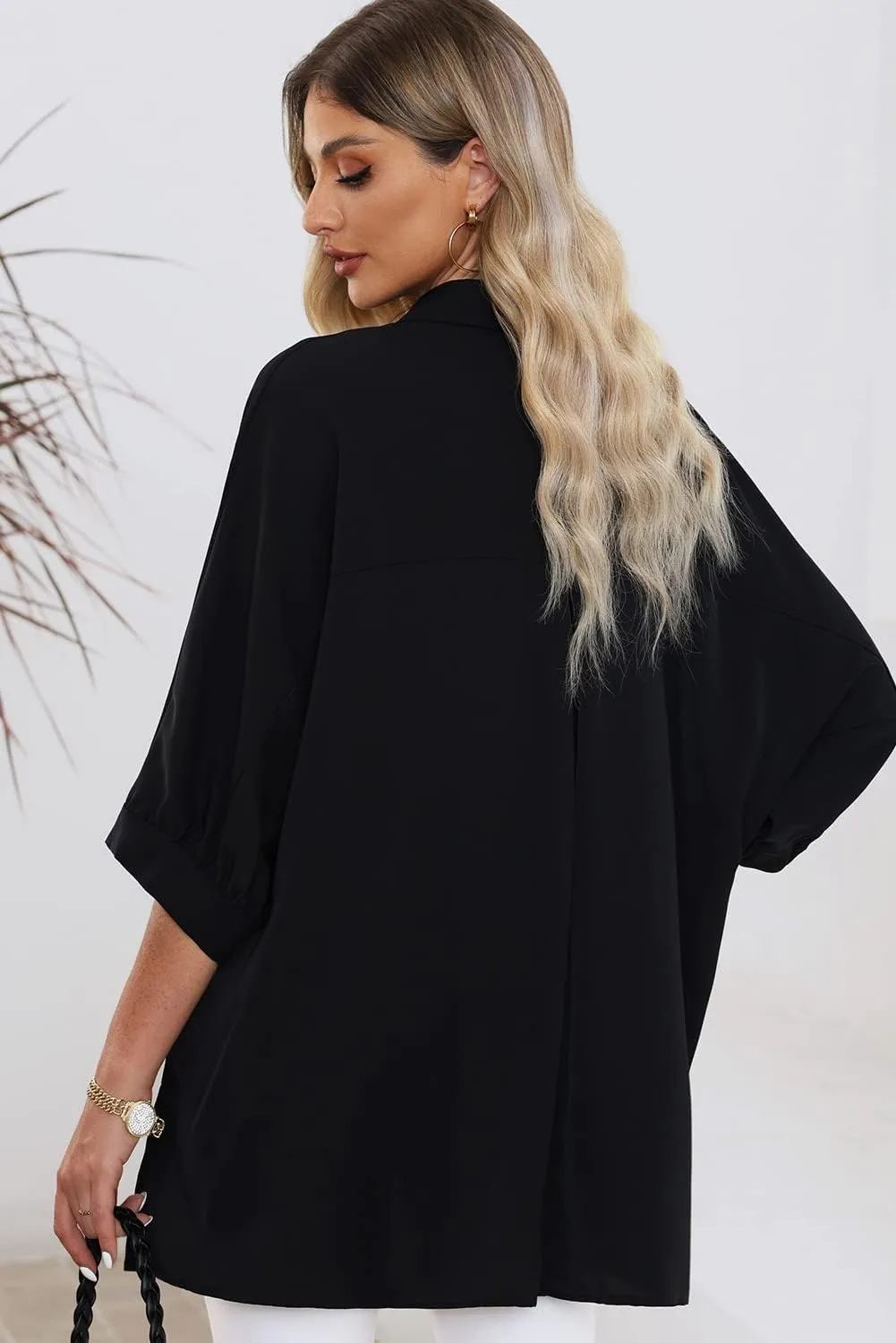 Sidefeel Womens Summer Oversized 3/4 Sleeve Button Down Shirts Side Slit Dressy Casual Blouses Loose Fit Tunic Tops