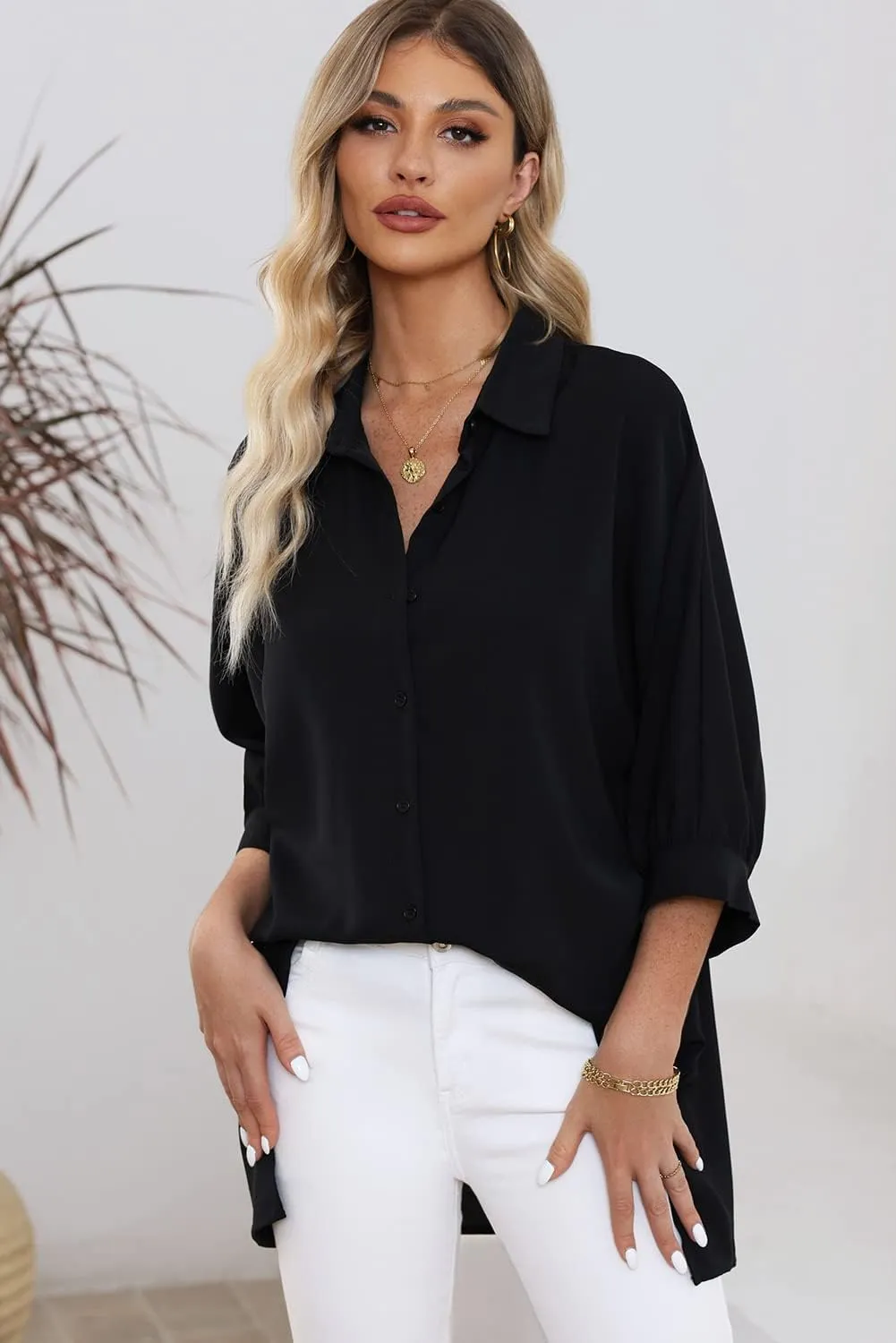 Sidefeel Womens Summer Oversized 3/4 Sleeve Button Down Shirts Side Slit Dressy Casual Blouses Loose Fit Tunic Tops