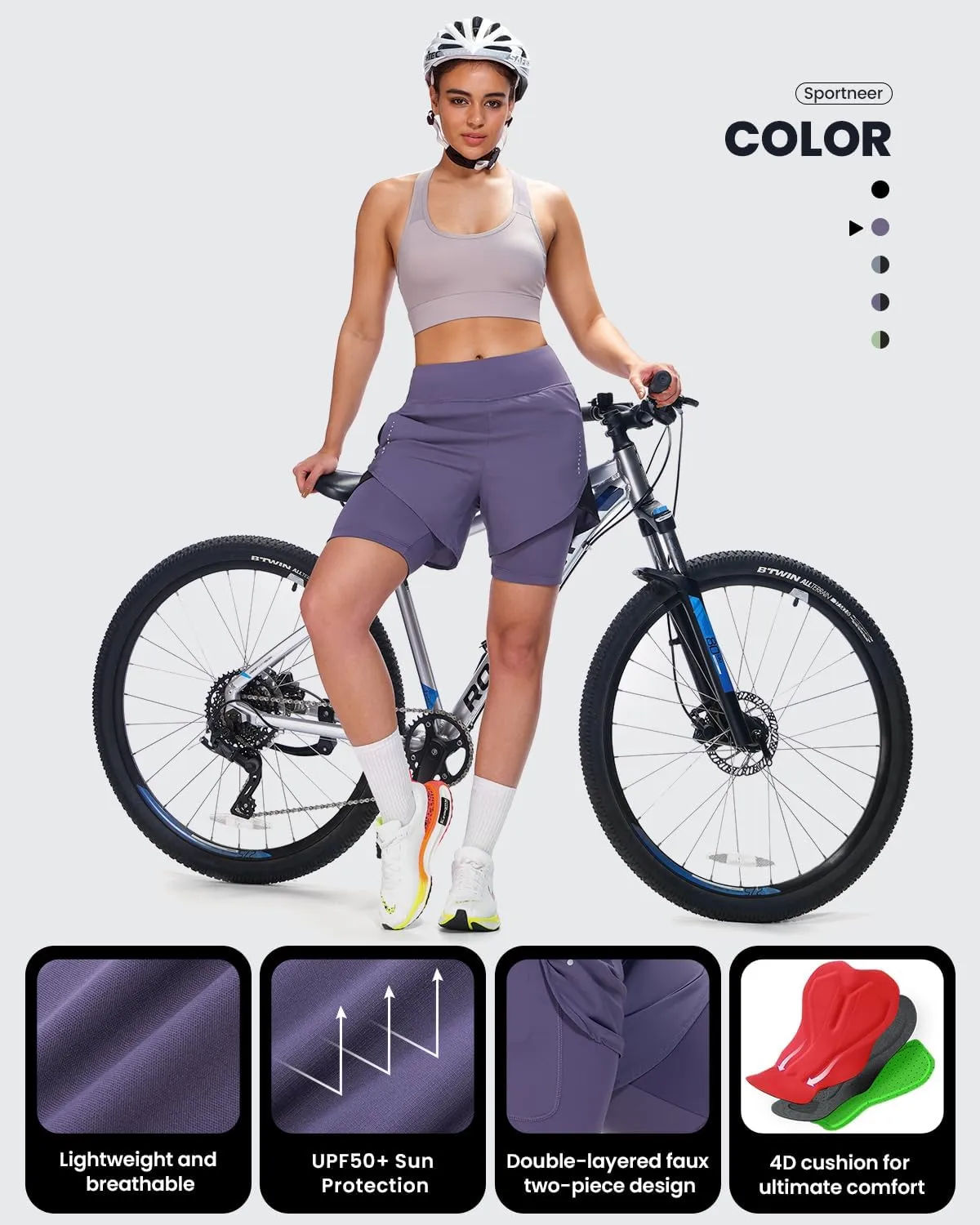 Sportneer Women Padded Bike Shorts - 4D Bicycle Cycling Shorts with 2 Zipper Pockets & Inner Pocket, Stylish and Comfortable