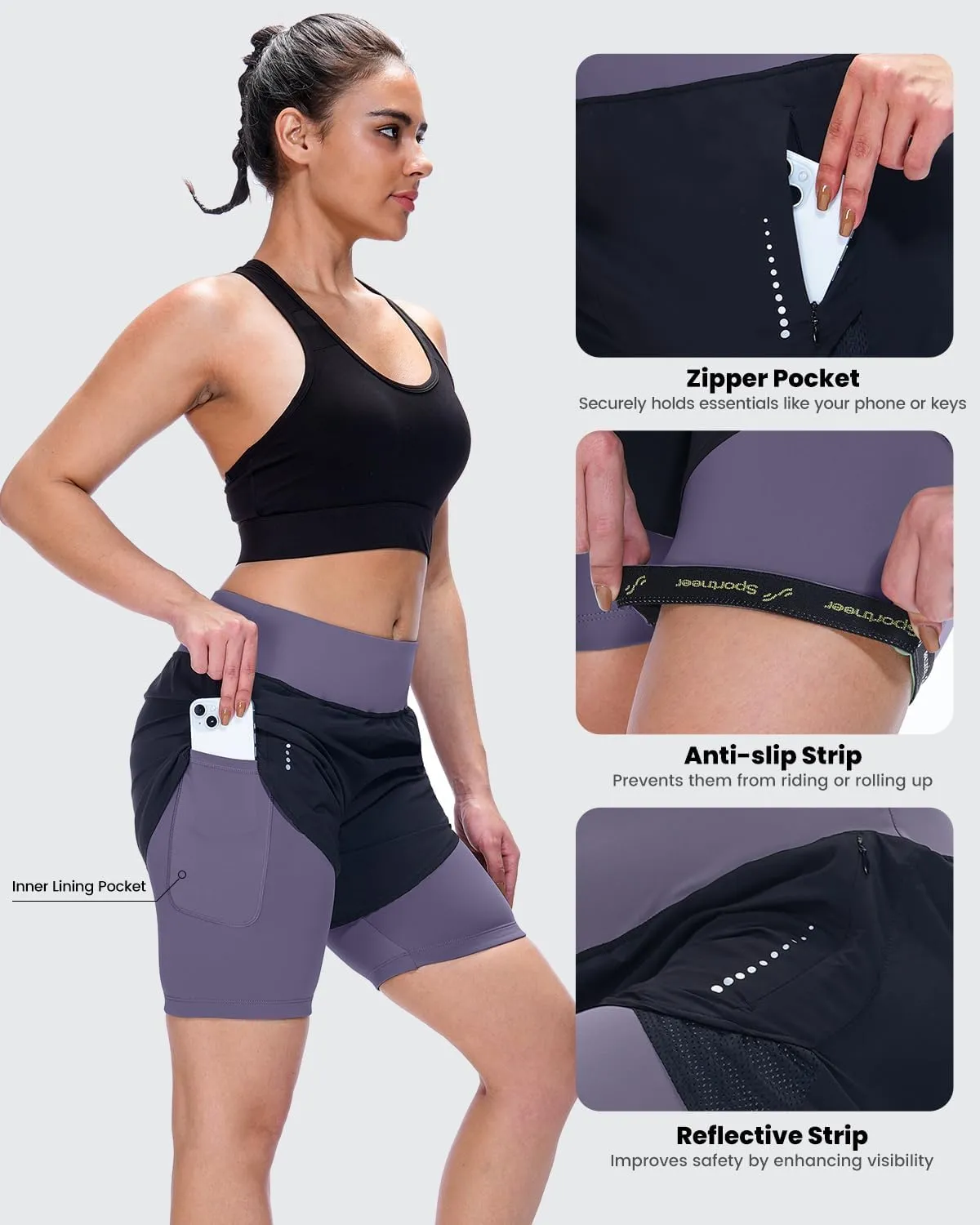 Sportneer Women Padded Bike Shorts - 4D Bicycle Cycling Shorts with 2 Zipper Pockets & Inner Pocket, Stylish and Comfortable