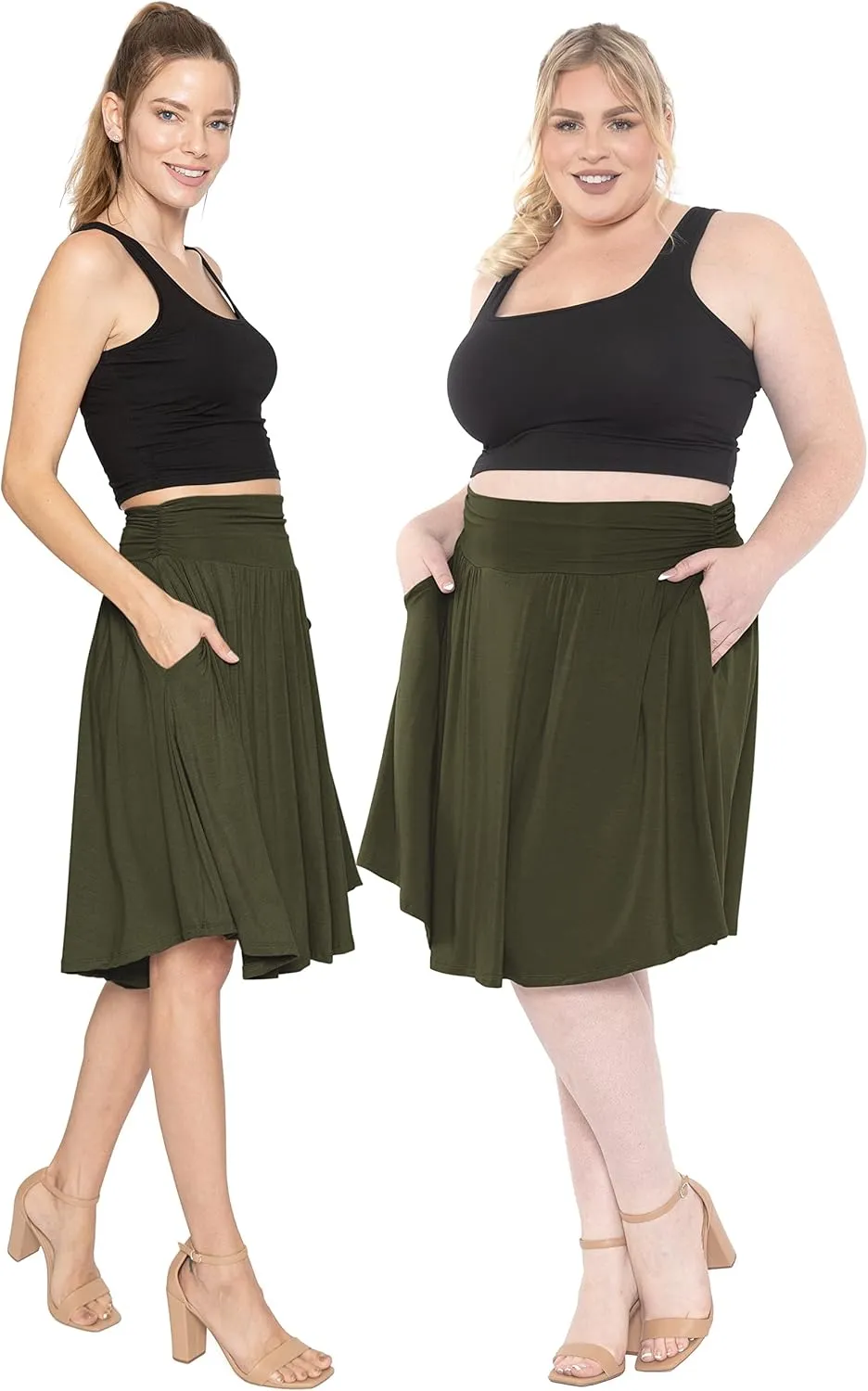 STRETCH IS COMFORT Women's and Plus Size Scoop Hem Flare Mid Length Skirt with Pockets | S-5X