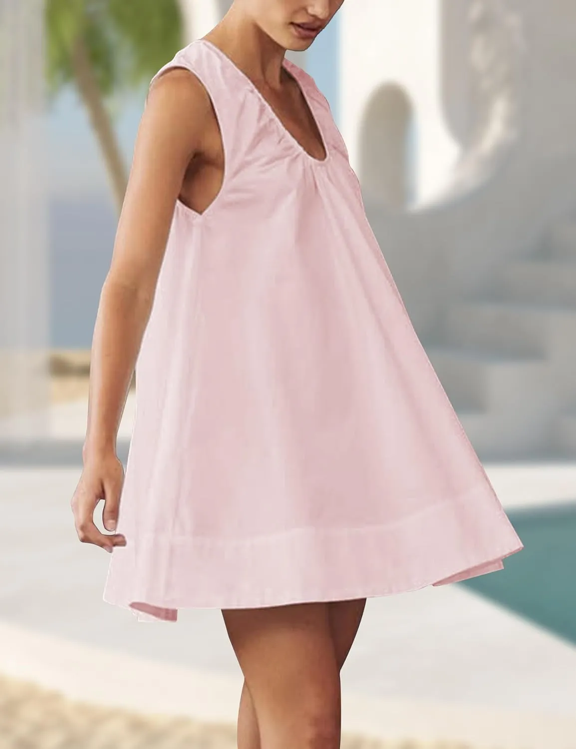 Summer Babydoll Tank Mini Dresses for Women 2025 Scoop Neck Flowy Casual Sleeveless Sundress with Pockets