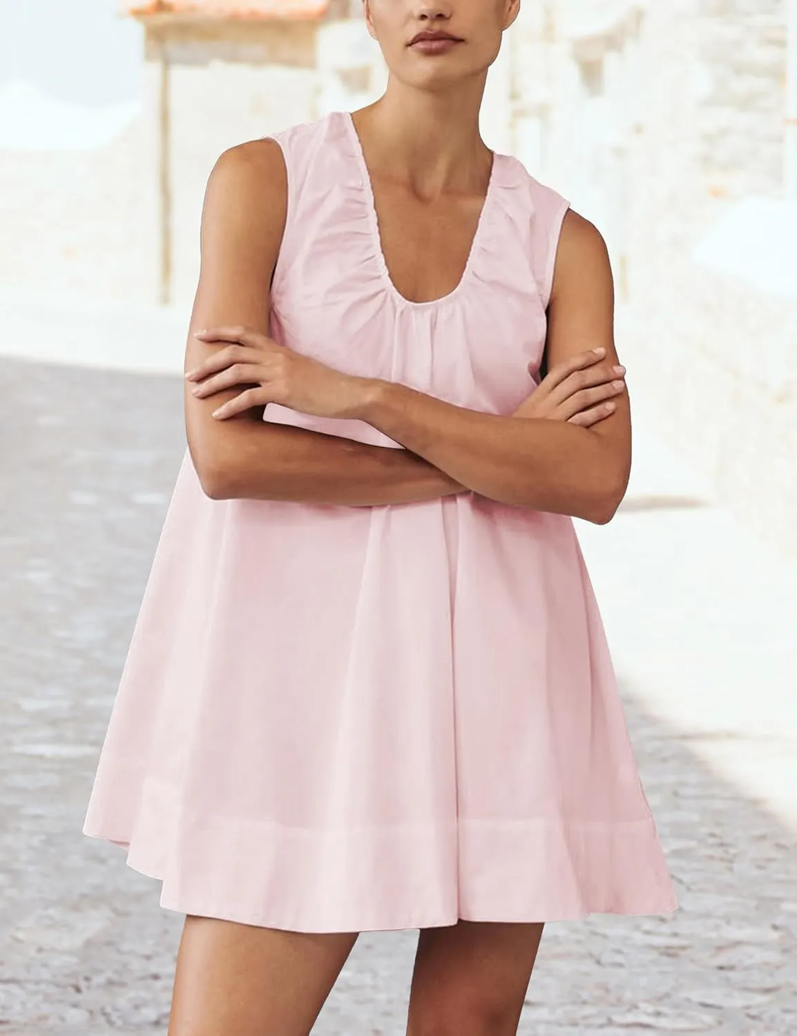 Summer Babydoll Tank Mini Dresses for Women 2025 Scoop Neck Flowy Casual Sleeveless Sundress with Pockets