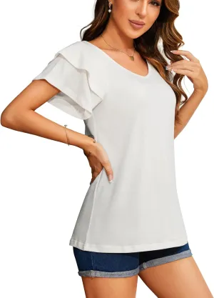 Summer Tops for Women 2025 Puff Sleeve Business Casual Blouses V-Neck Shirt